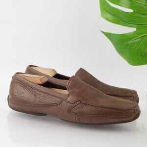 UGG Mens Driving Loafer Size 8.5 Brown Leather Sherpa Sheepskin Slip On Shoe
